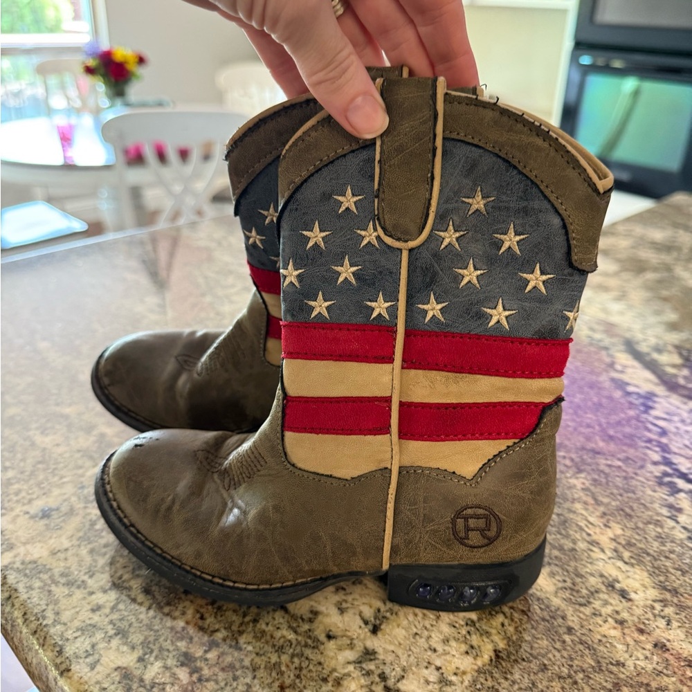Roper Kids - Size 11 - American Flag Light Up Tan Leather Boots